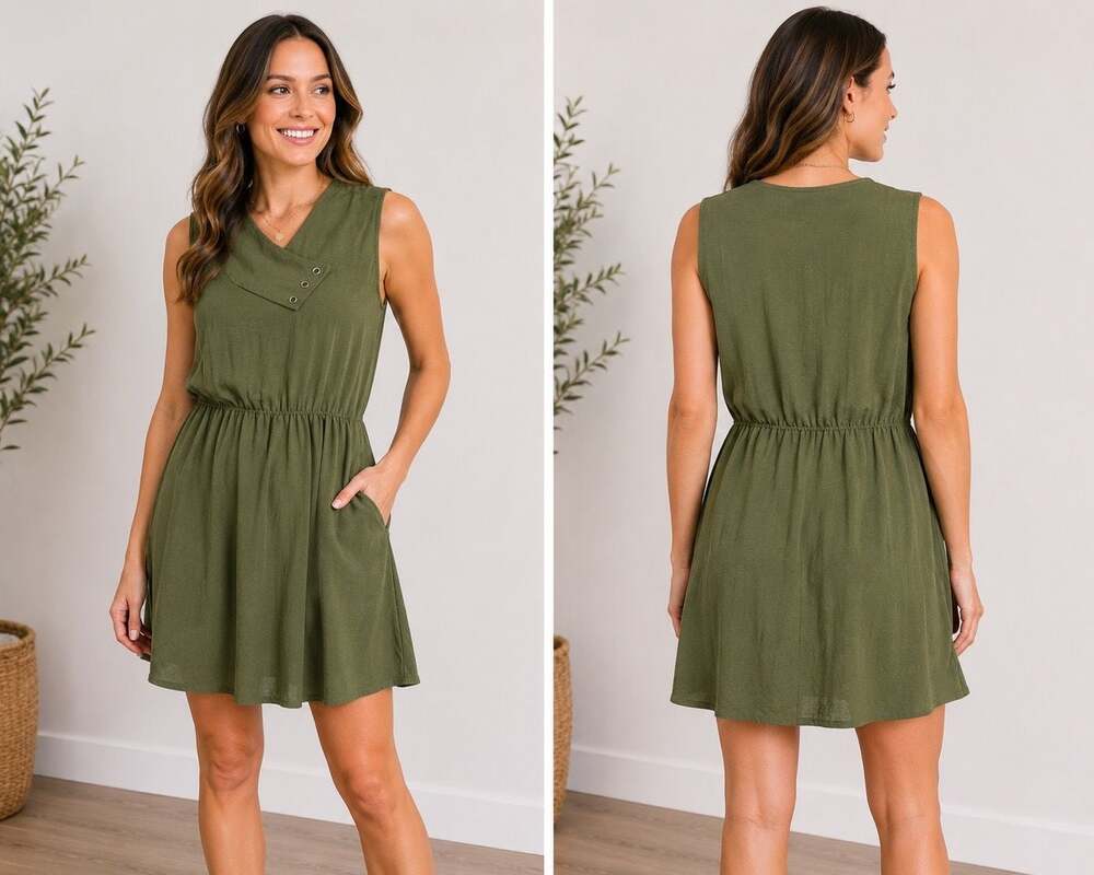 Brooklyn Industries Olive Green V-Neck Sleeveless Dress with Cinched Waist